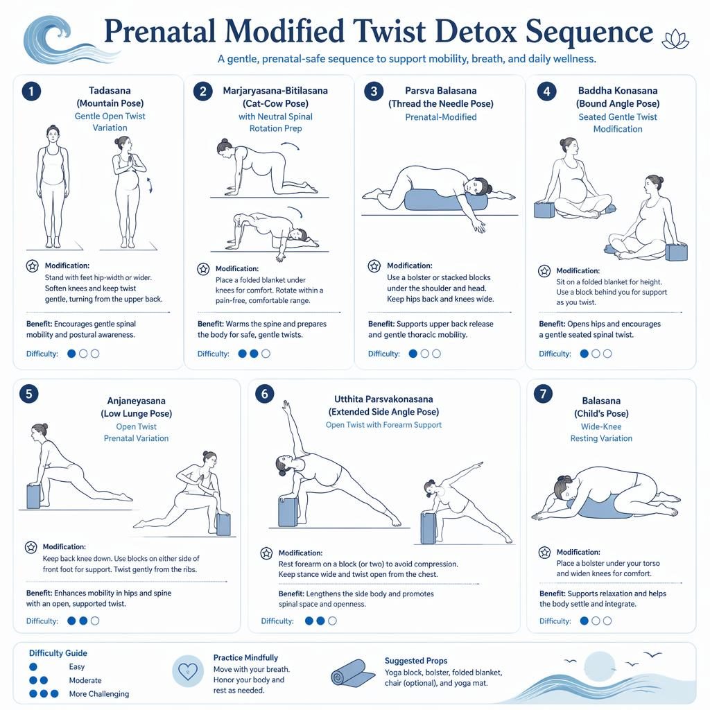 Editorial yoga infographic with 7 prenatal-safe open twist poses in blue line art, props, numbered figures, and difficulty dots.
