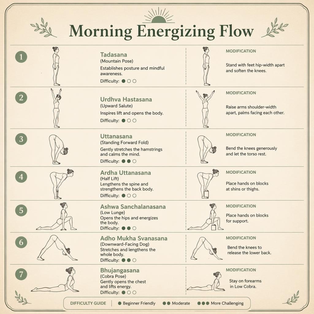 Vintage-style yoga infographic with 7 beginner poses, numbered figures, English labels, benefits, difficulty dots, and mods.