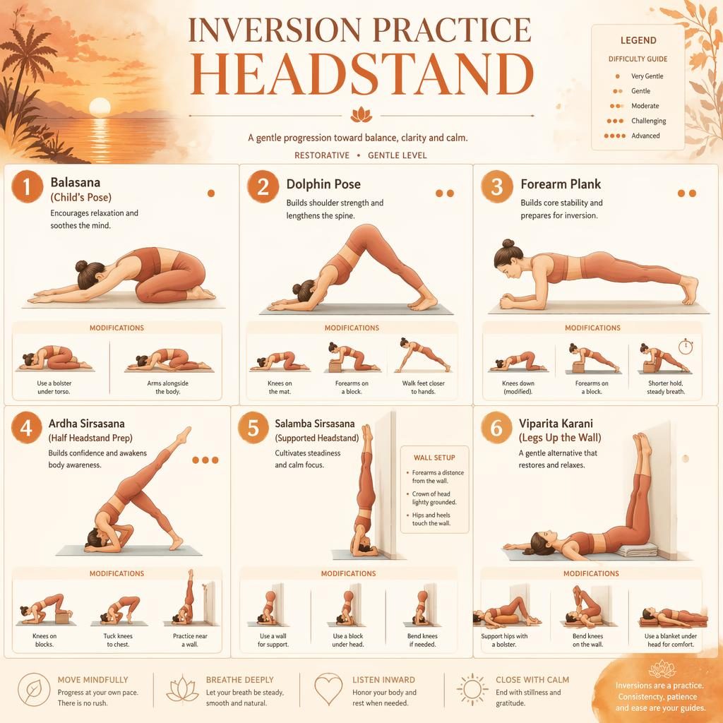 Yoga pose chart infographic with 6 headstand prep figures, watercolor silhouettes, wall modifications, and English labels.