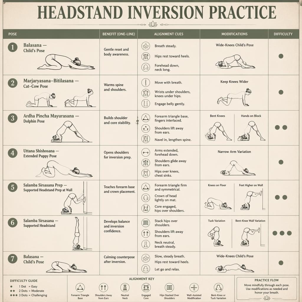 Vintage-style yoga infographic with 7 numbered headstand prep poses, English labels, benefits, difficulty dots, and wall mods.