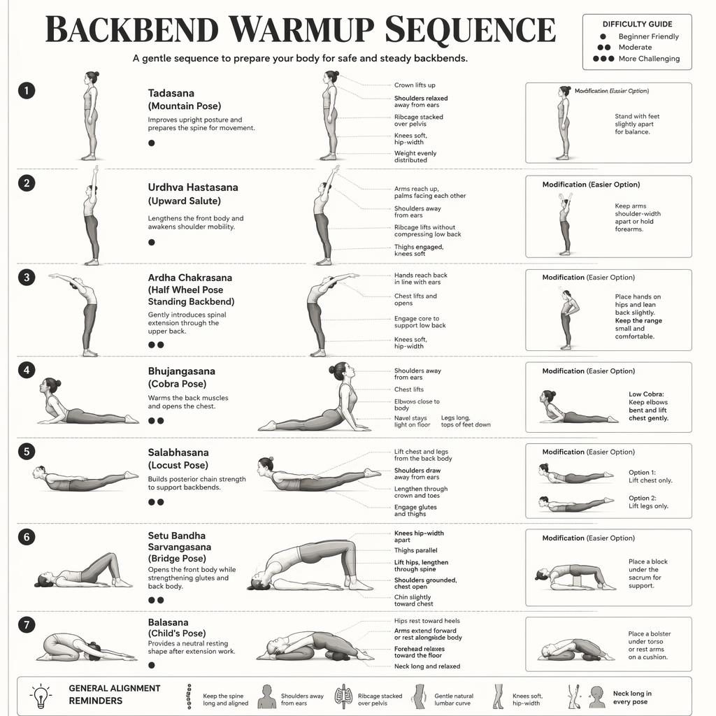 Monochrome yoga infographic with 7 numbered backbend warmup poses, English labels, benefits, difficulty dots, and mods.