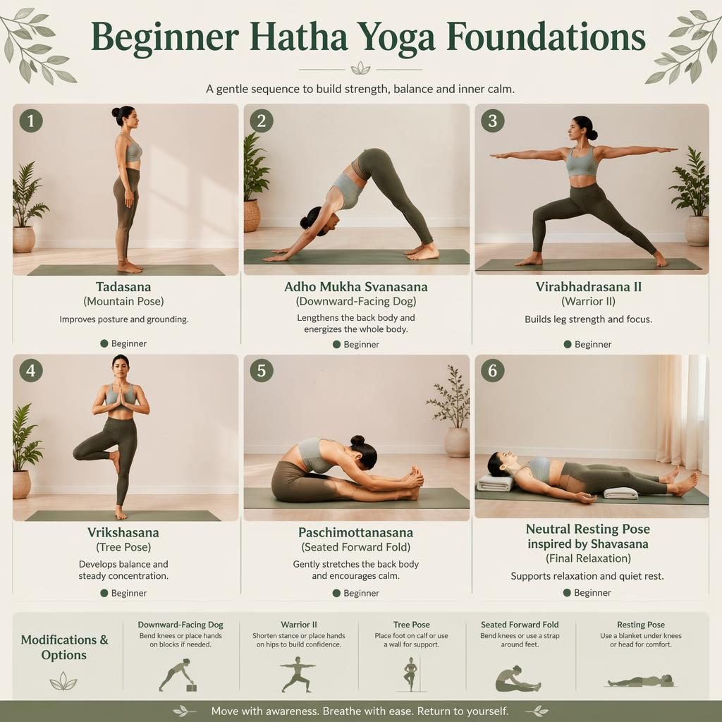 Infographie de yoga hatha débutant avec 6 figures numérotées, palette sauge et crème, légendes anglaises et modèle adulte.