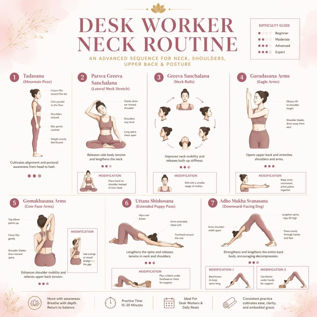Infografika Desk Worker Neck Routine se 7 jógovými pozicemi pro krk, ramena a horní záda v pastelově růžové a zlaté.