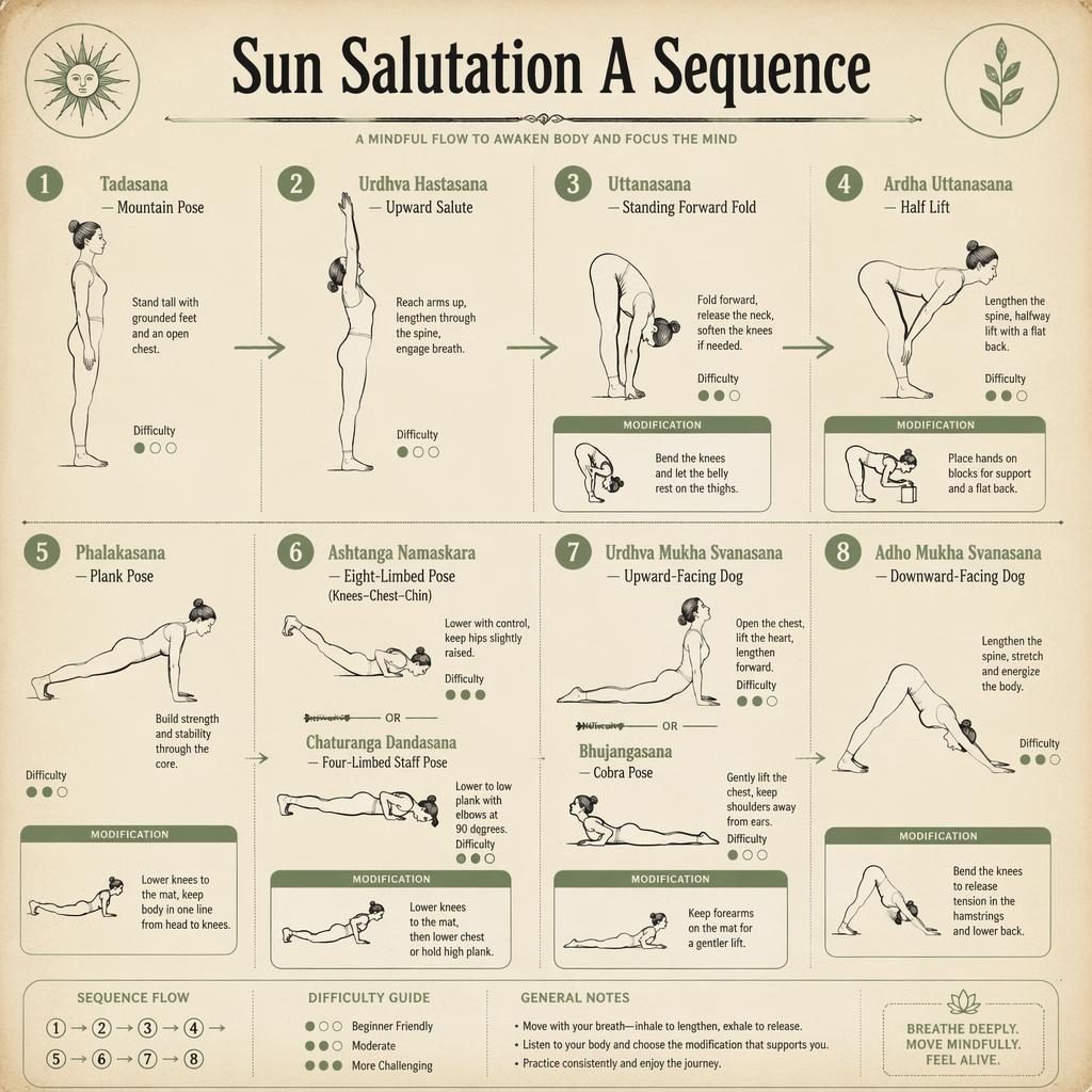 Infographie yoga rétro Sun Salutation A avec 8 postures numérotées, flèches de flow, modifications et palette sauge crème.