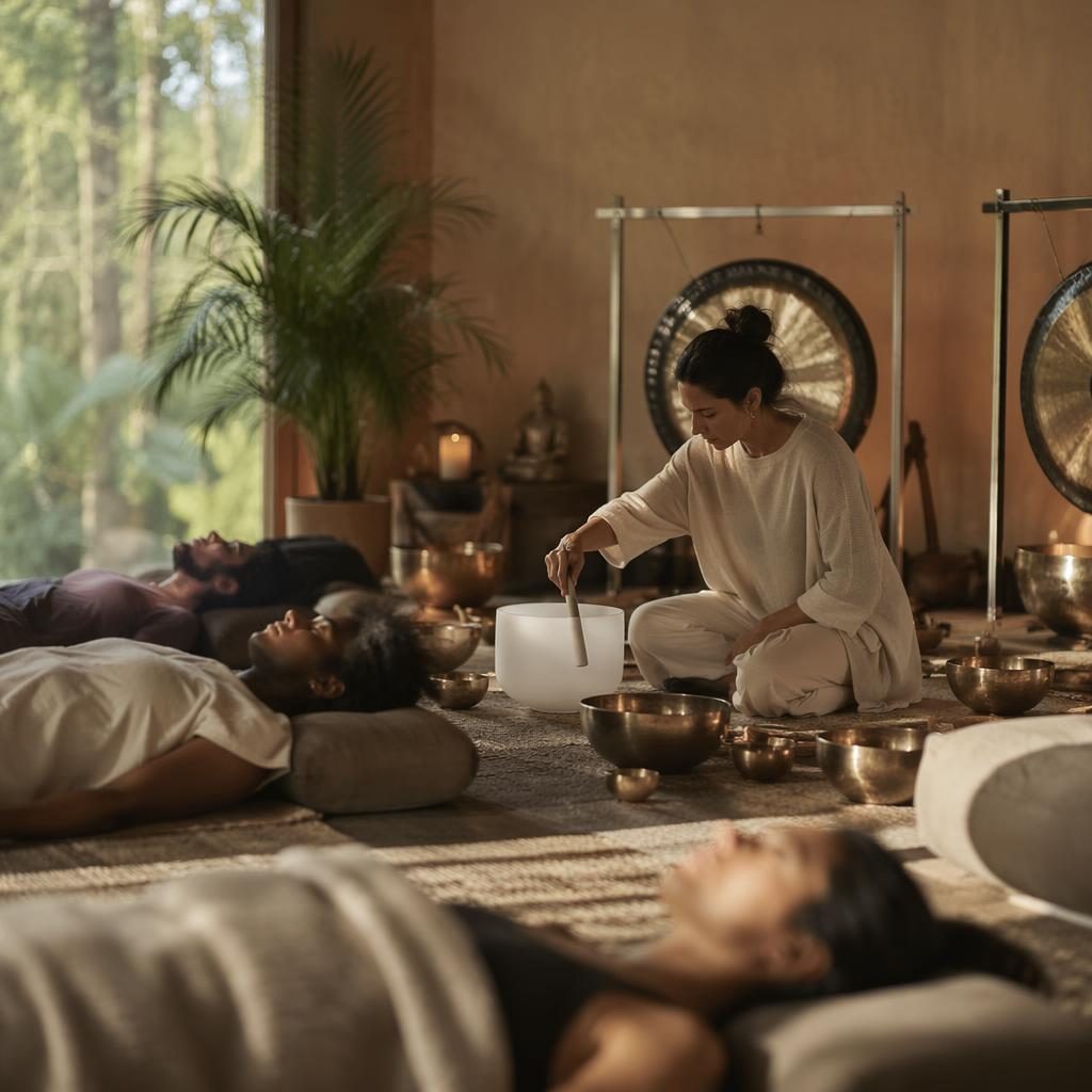 Editorial spa massage room with sound bath setup, dusty earth tones, natural light, and inclusive wellness styling.