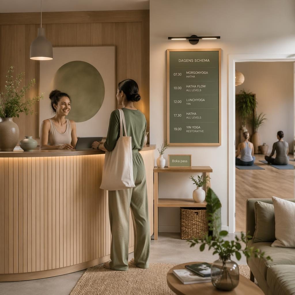 Välkomnande reception i yogastudio med check-in-disk, schemaskylt för yogapass och diskret skylt med texten boka pass.
