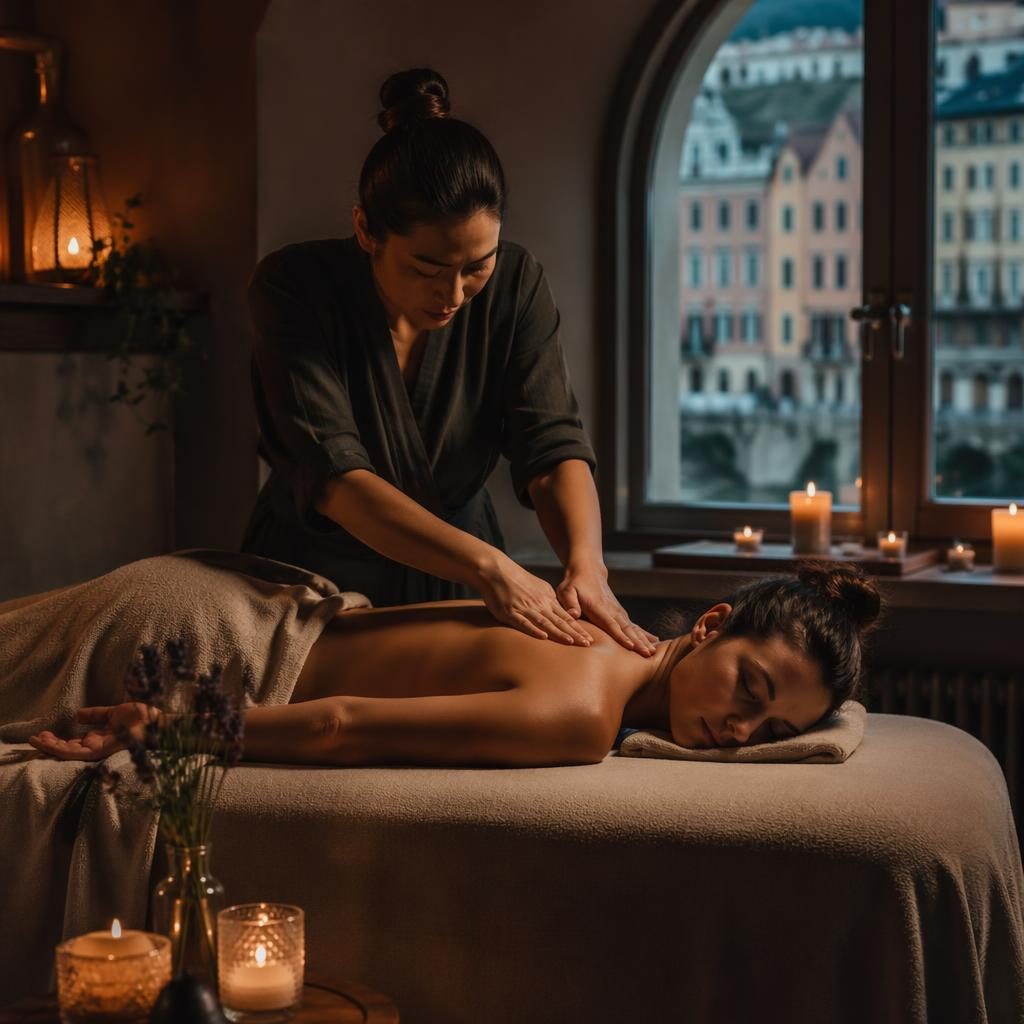Tmavá spa masážní místnost se svíčkami, měkkým denním světlem a klidnou wellness atmosférou v editorial stylu.