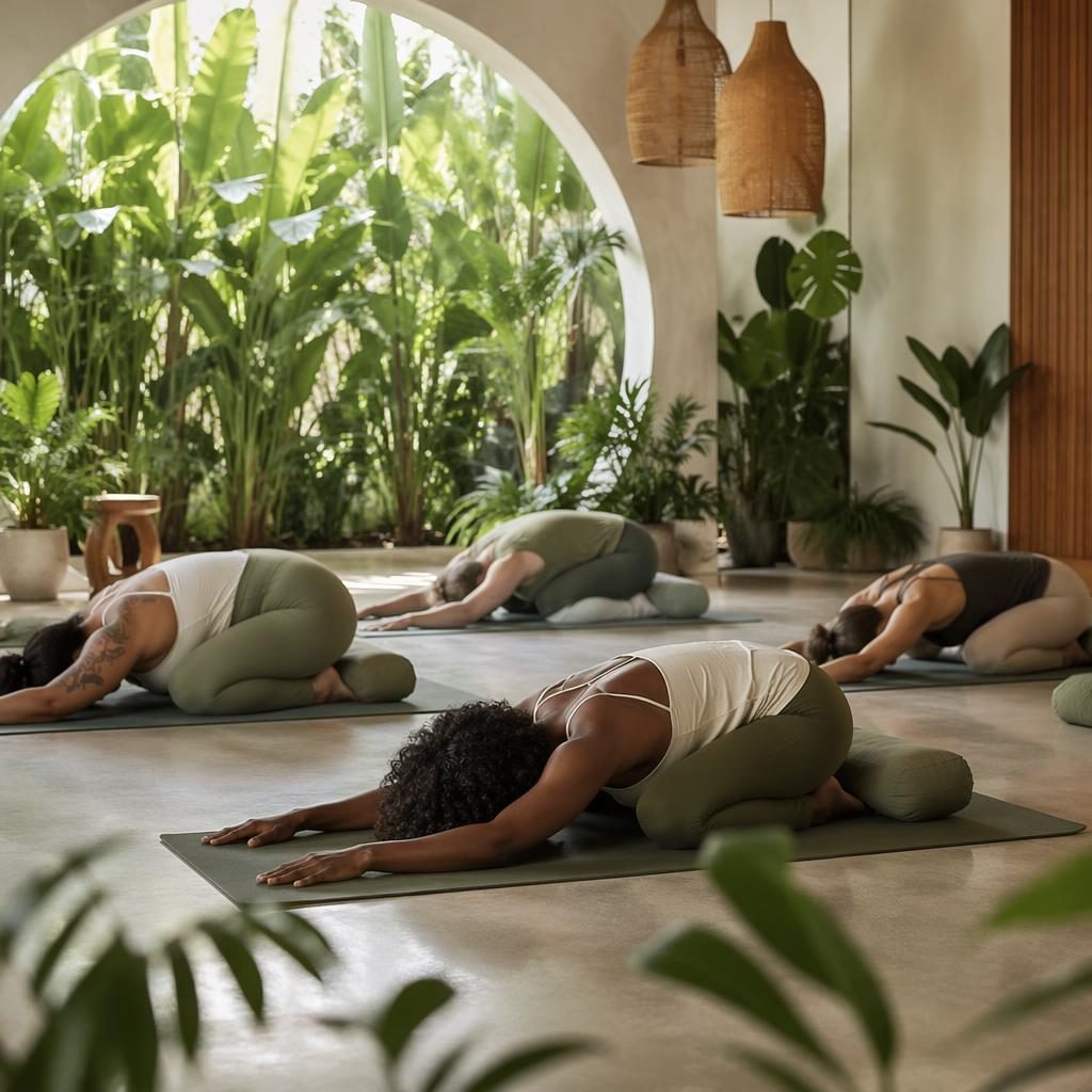 Inclusive group in a yin restorative yoga class at a tropical green wellness studio with natural light and calm editorial styling.