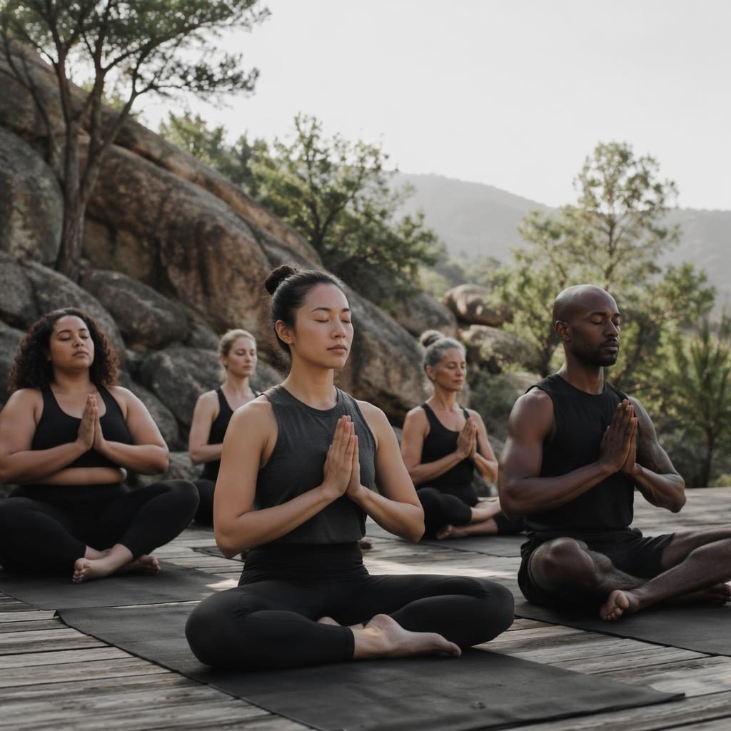 Inclusive group in a dynamic outdoor vinyasa session, monochrome yoga wear, natural light, calm editorial retreat setting