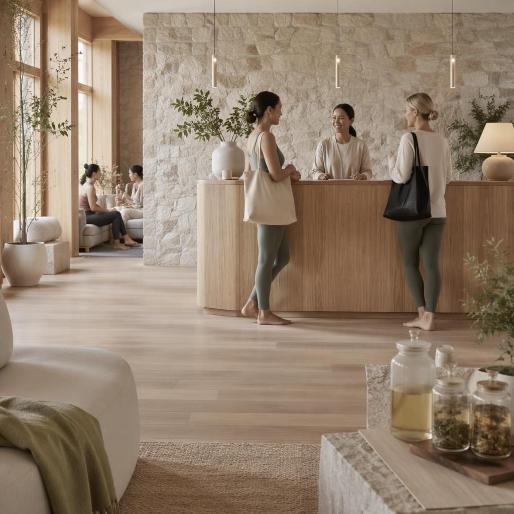 Nordisk wellnessreception med ljus ek, stenytor, mjuka textilier och örttehörna i naturligt ljus.