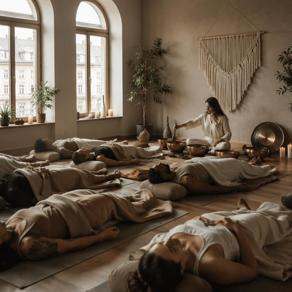 Skupinová lekce jógy ve wellness studiu při sound bath, přirozené světlo, zemité tóny a různorodí účastníci.