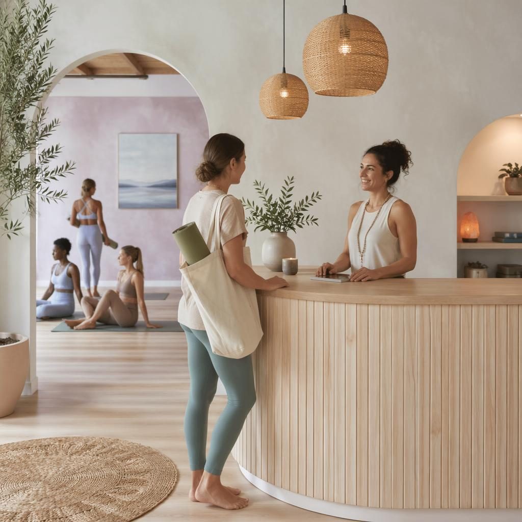 Pastel-toned wellness studio reception with natural light, calm editorial styling, and diverse guests in a yin restorative vibe.