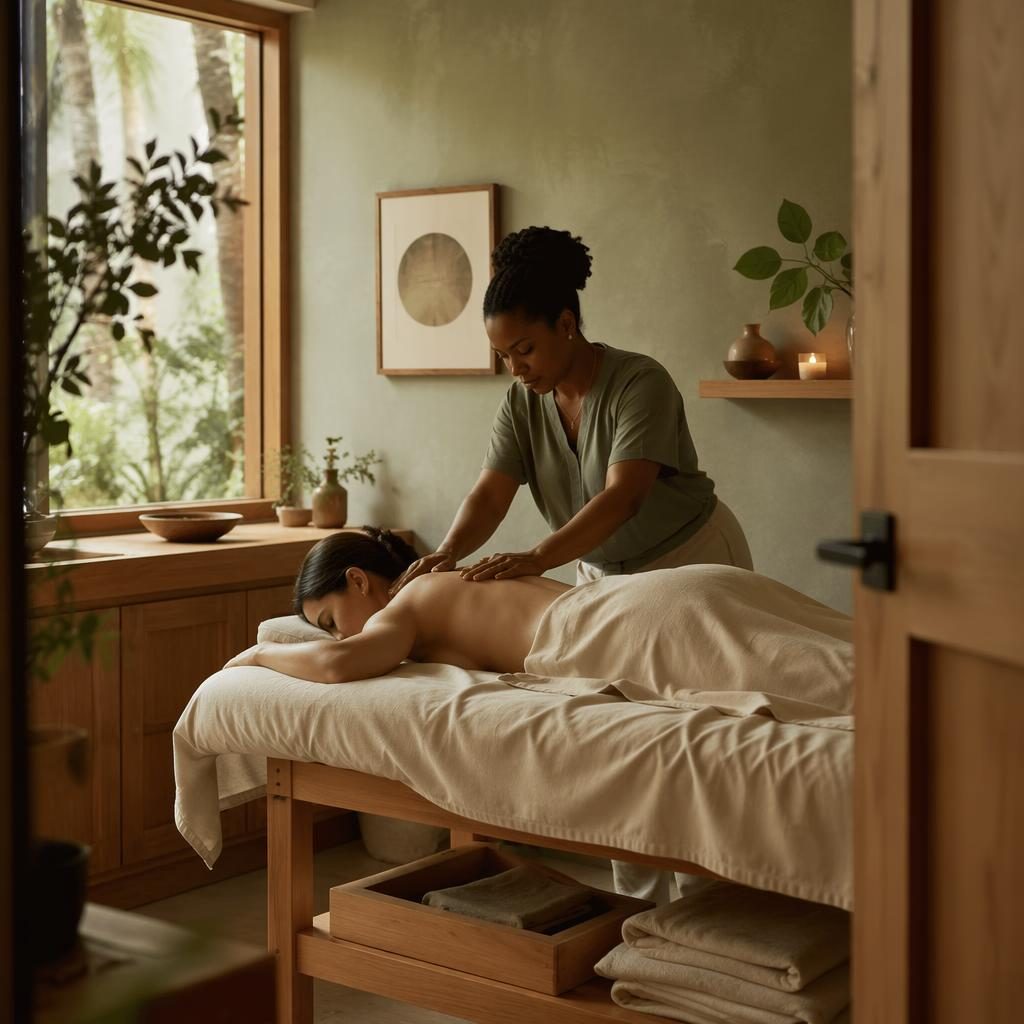 Editorial spa massage room with sage walls, natural wood, soft daylight, calm wellness studio setting, inclusive brand feel.