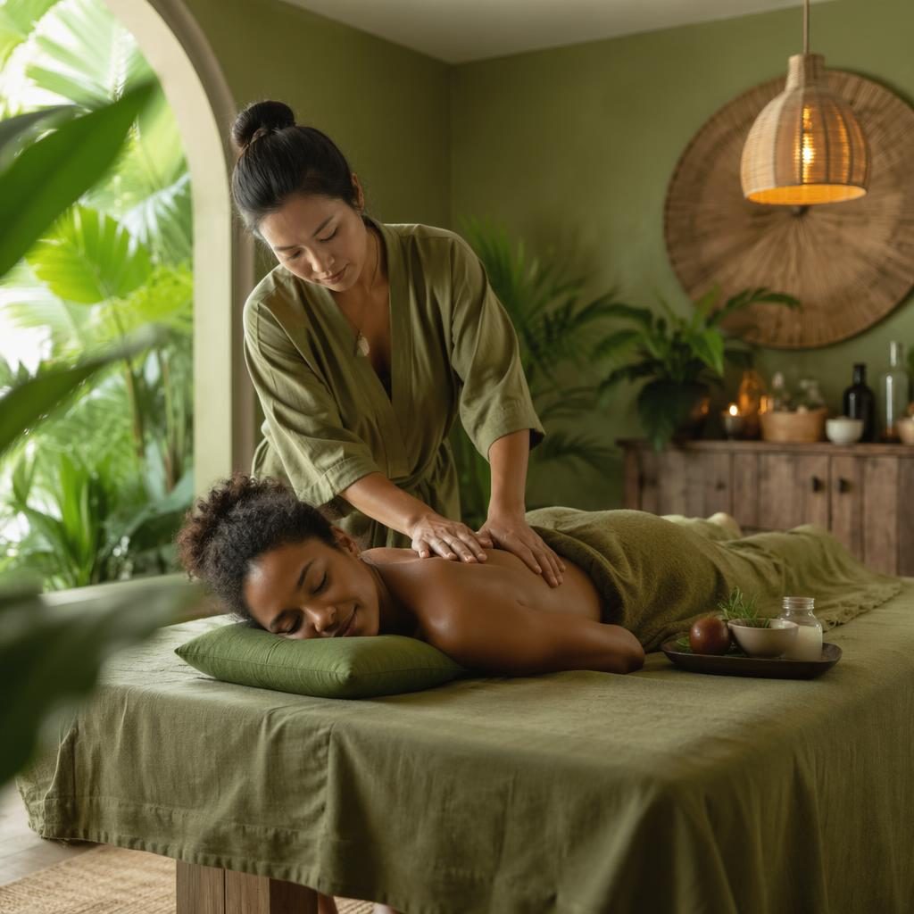 Světlá spa masážní místnost v tropické zelené paletě, klidná wellness atmosféra a přirozené denní světlo.