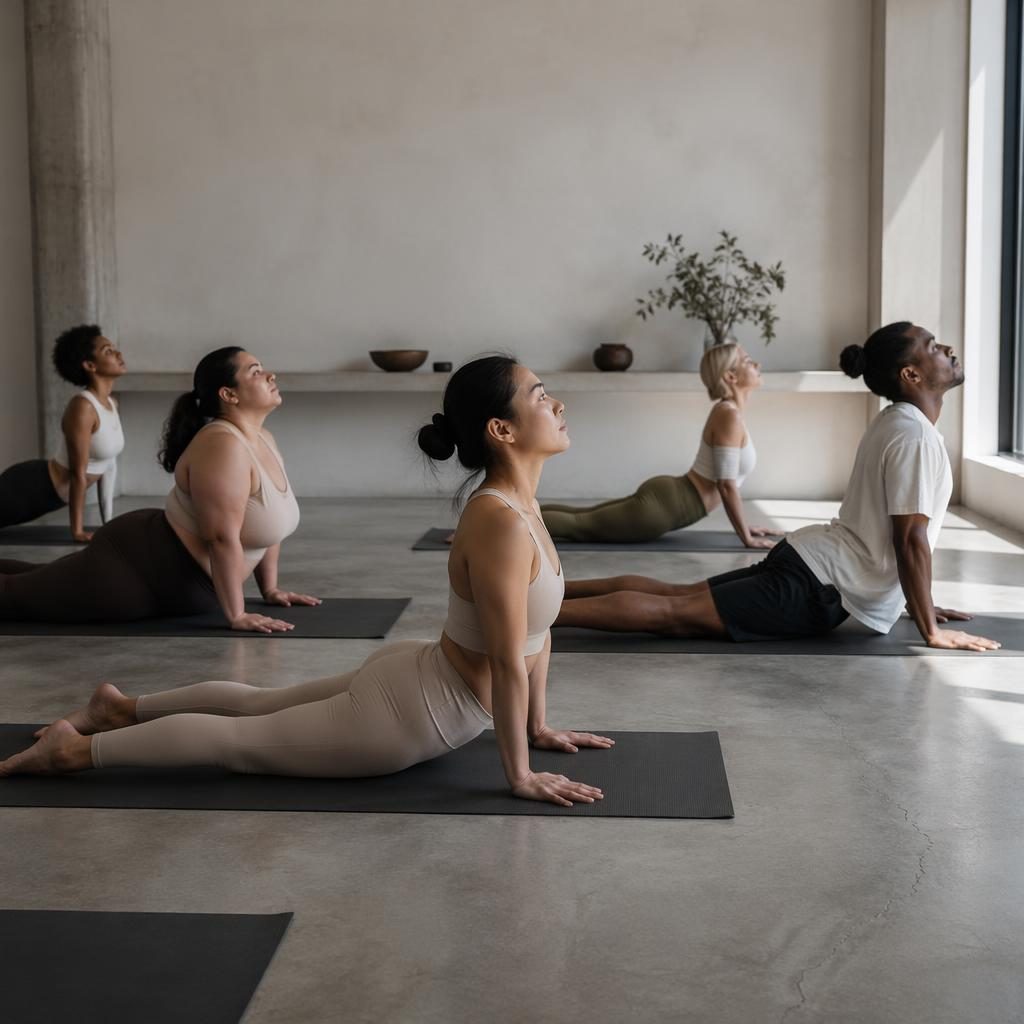 Skupinová lekce jógy v moderním wellness studiu, přirozené světlo, monochromatické tóny a klidná atmosféra.