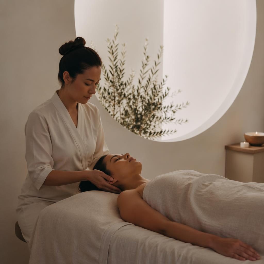 Minimal monochrome spa massage room with natural light, calm wellness styling, and tasteful editorial framing
