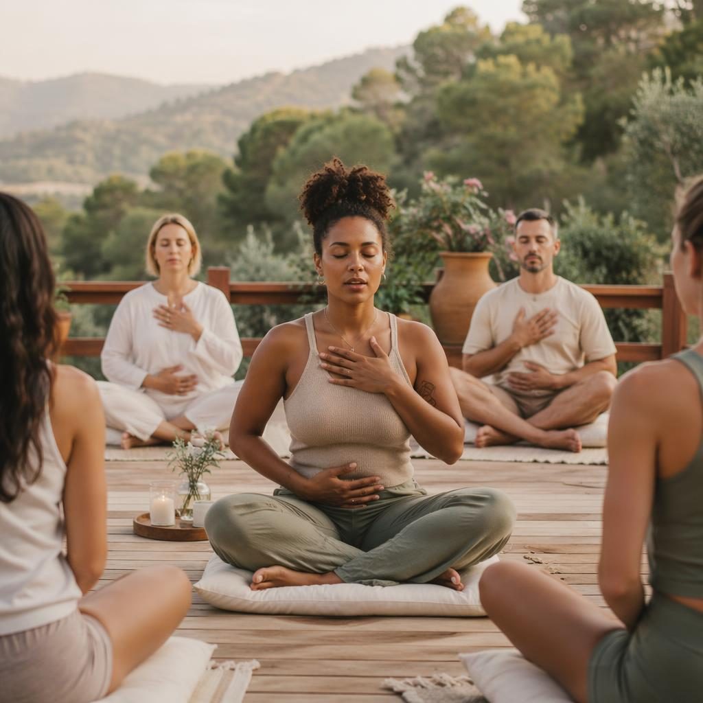 Skupina lidí při breathwork lekci venku v pastelových tónech, v přirozeném světle a klidné wellness atmosféře.