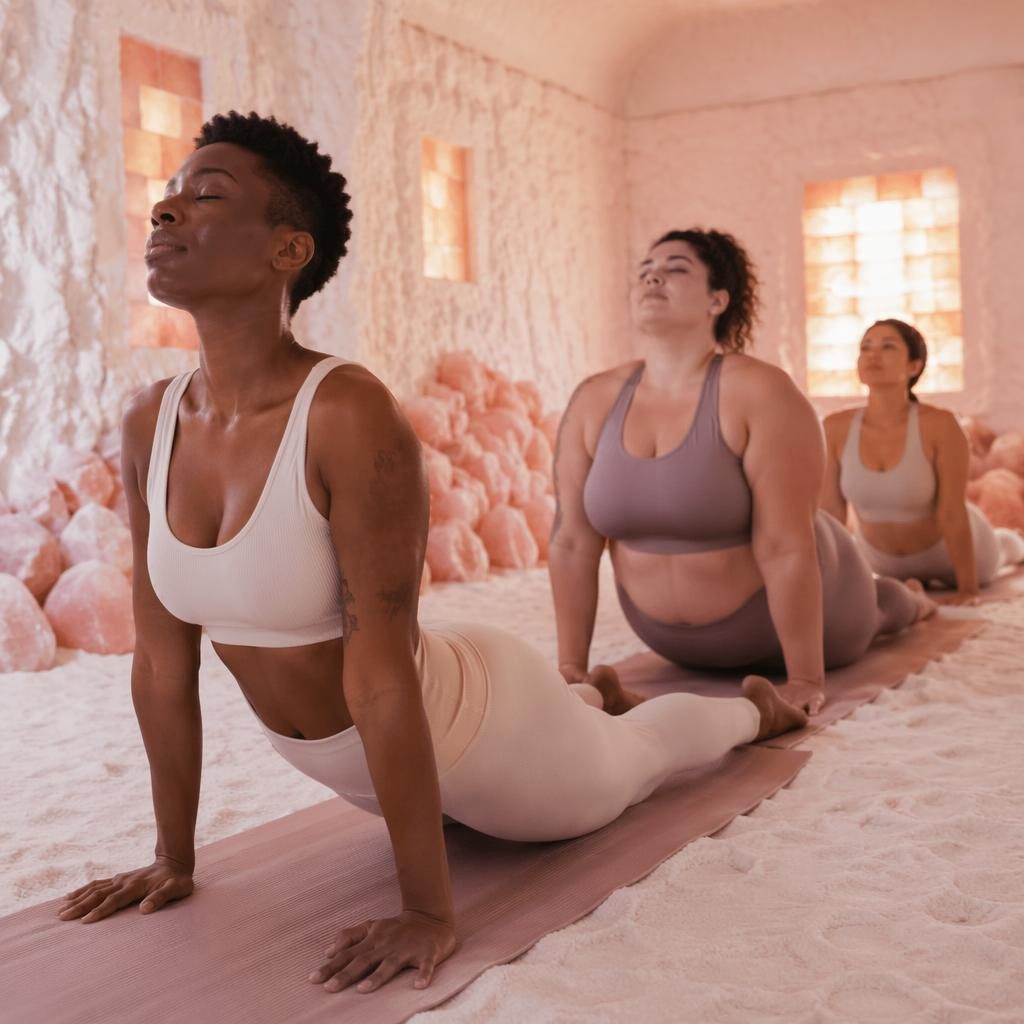 Inclusive group in a pastel salt cave wellness studio, practicing pilates-inspired yoga in soft natural light.