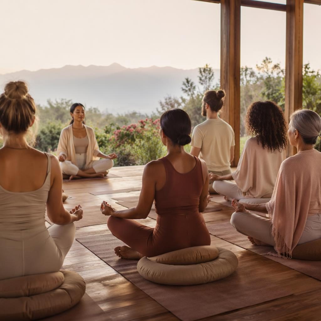 Diverse group in a calm outdoor meditation session at a wellness retreat, styled in warm cream and rose tones.