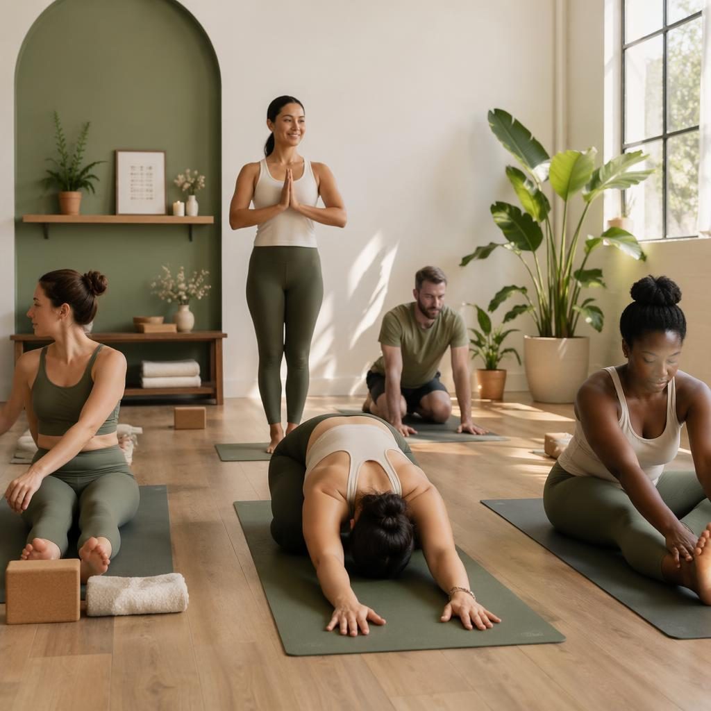 Grupa dorosłych ćwiczy proste pozycje jogi w jasnym studiu wellness z naturalnym światłem i drewnianymi akcentami.
