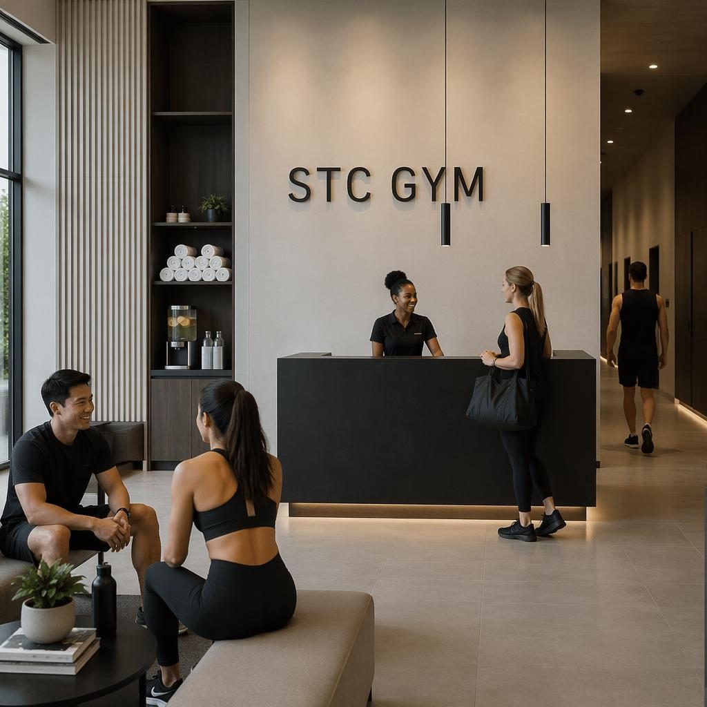 Modern wellnessreception med skylten STC GYM, elegant disk, handdukar, vattenstation och lugn spa-känsla.