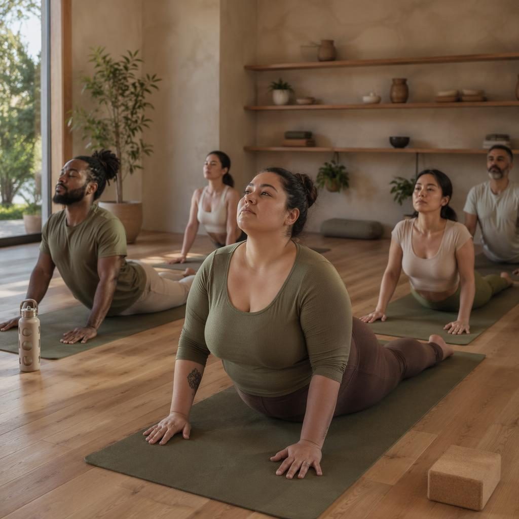 Inclusive yoga class practicing gentle hatha poses in a natural wood studio with sage accents and soft daylight