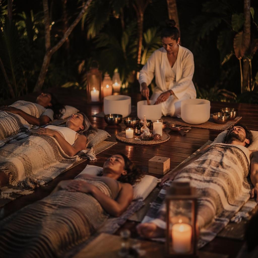 Outdoor sound bath session with diverse adults on yoga mats, candles, cushions, and moody natural light