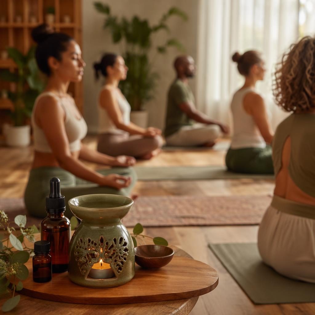 Close-up of aromatherapy oils and natural wood decor in a sage-toned yoga wellness studio with soft natural light.