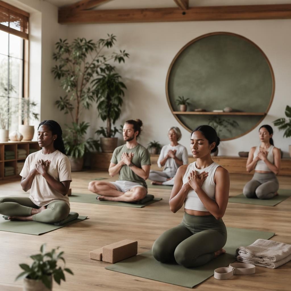 Empty yoga studio with sage mats, natural wood details, and soft natural light in a calm editorial wellness setting.