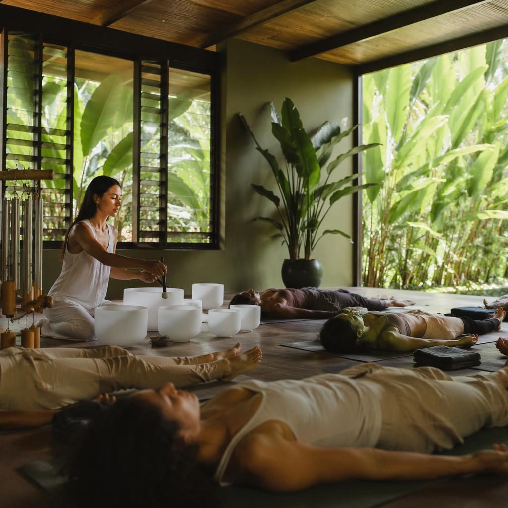 Editorial-style yoga class in session during a sound bath, with diverse participants in a tropical green wellness studio.