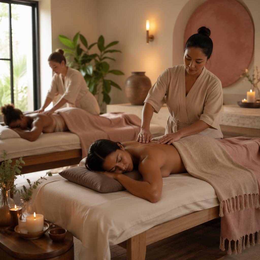 Warmer Spa-Massageraum in Creme und Rosé mit Massageliege, natürlichem Licht und ruhiger Wellness-Atmosphäre
