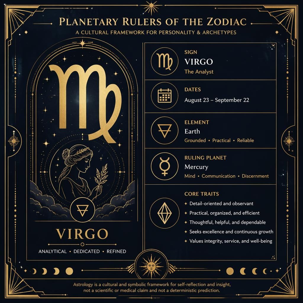 Art Deco zodiac profile card infographic with gold glyph, sign details, date range, element, ruling planet, and traits.