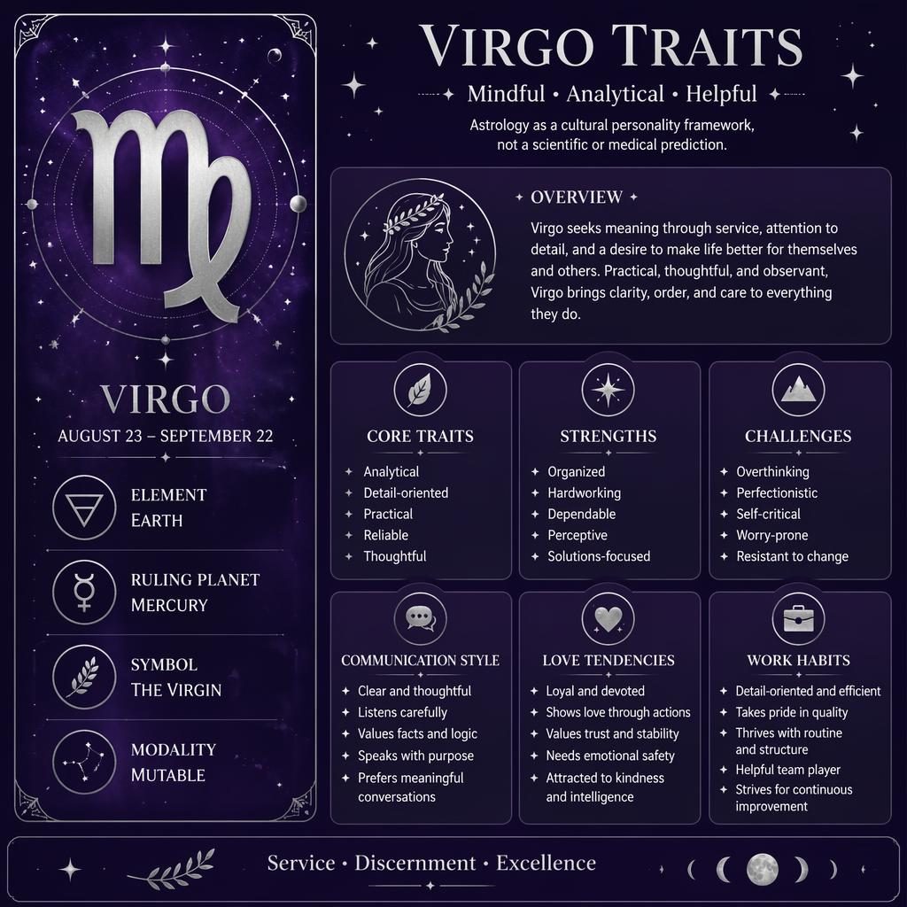 Tarjeta de perfil Virgo con glifo grande, rasgos, fechas, elemento y planeta, en diseño minimalista morado y plata.