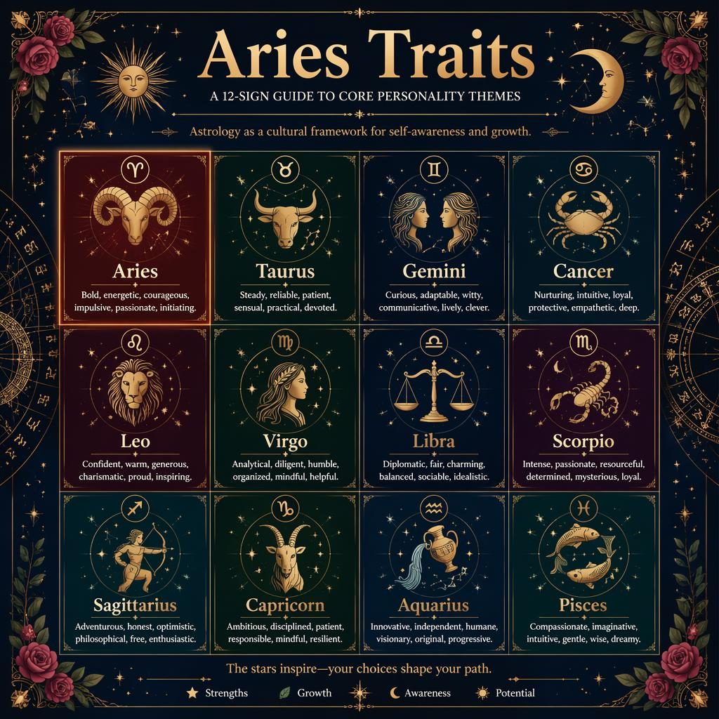 Editorial zodiac infographic titled Aries Traits in a 12-sign grid, with Aries highlighted in deep blue, gold, rose, and forest tones.