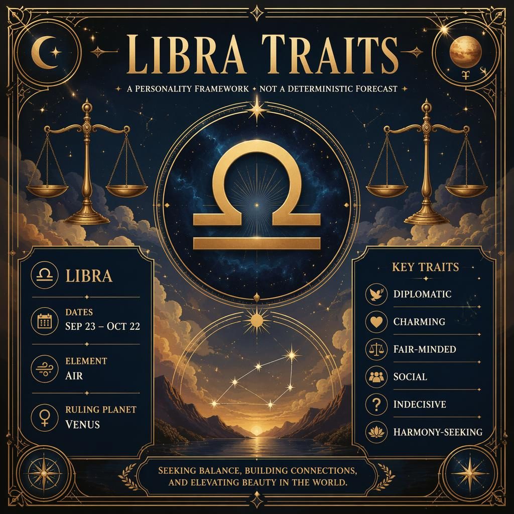 Libra traits infographic with central Libra glyph, scales motif, Sep 23–Oct 22, Air element, Venus, and trait list.