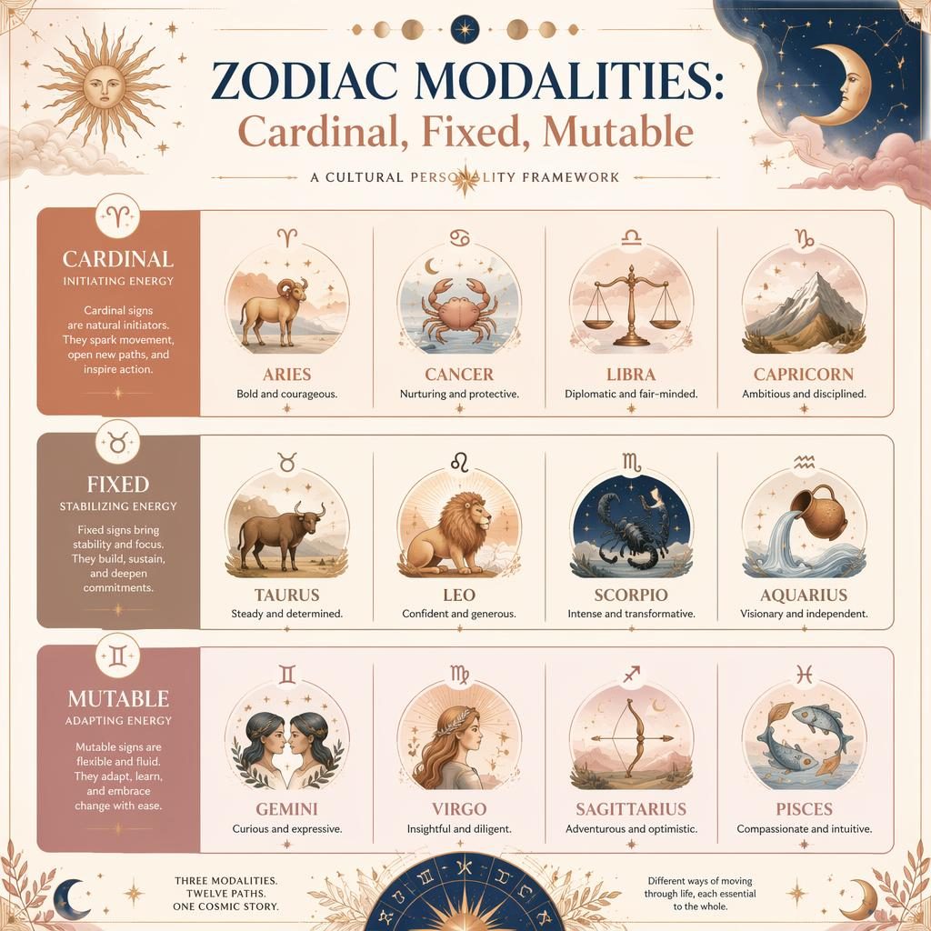 Pastel zodiac infographic showing 12 signs grouped by cardinal, fixed, and mutable with celestial icons and gold accents.