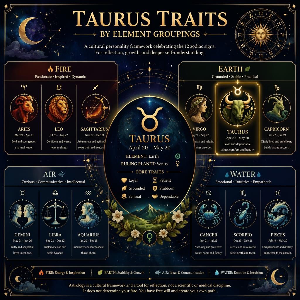Infografía zodiacal en cuadrícula de 12 signos con Tauro destacado en Tierra, acuarela celeste azul medianoche y dorado.
