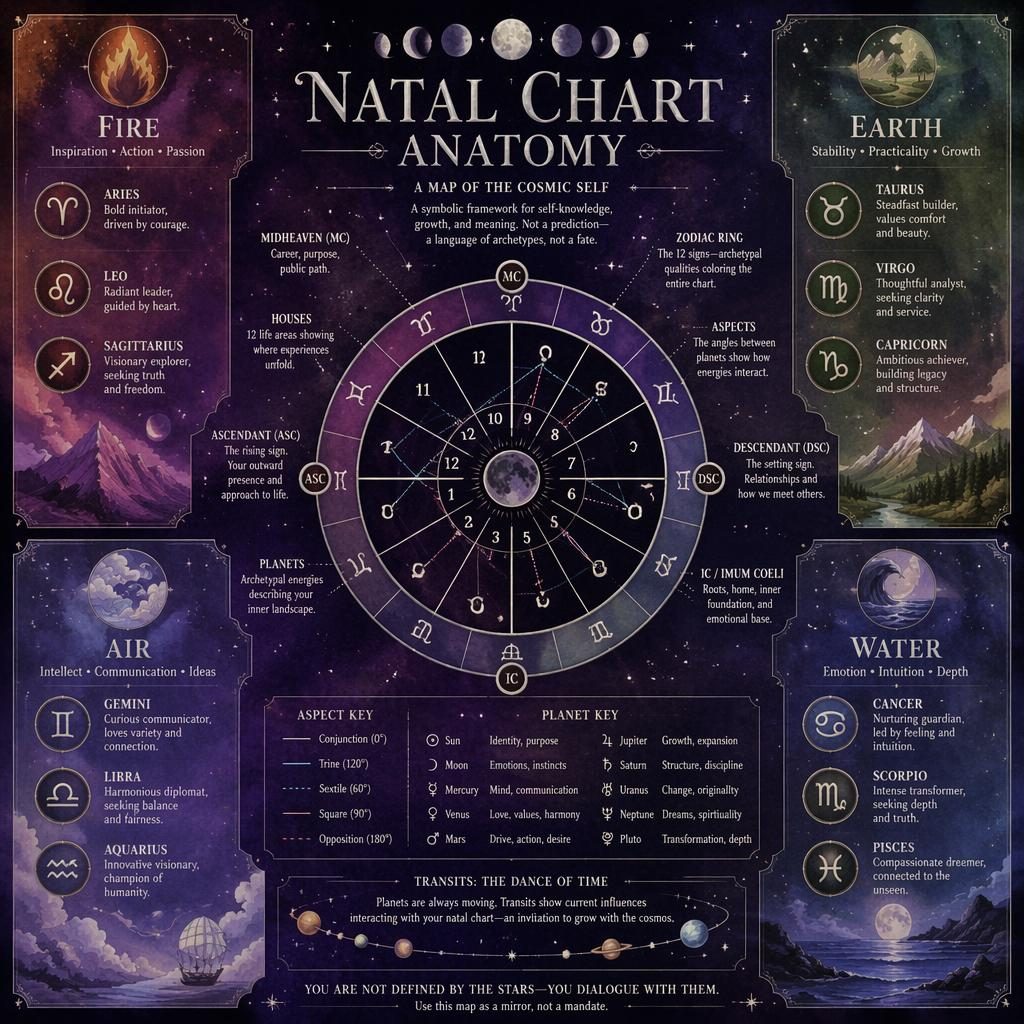 Mystical zodiac infographic showing a natal chart wheel, 12 signs by element, glyphs, moon phases, and horoscope transit lines.