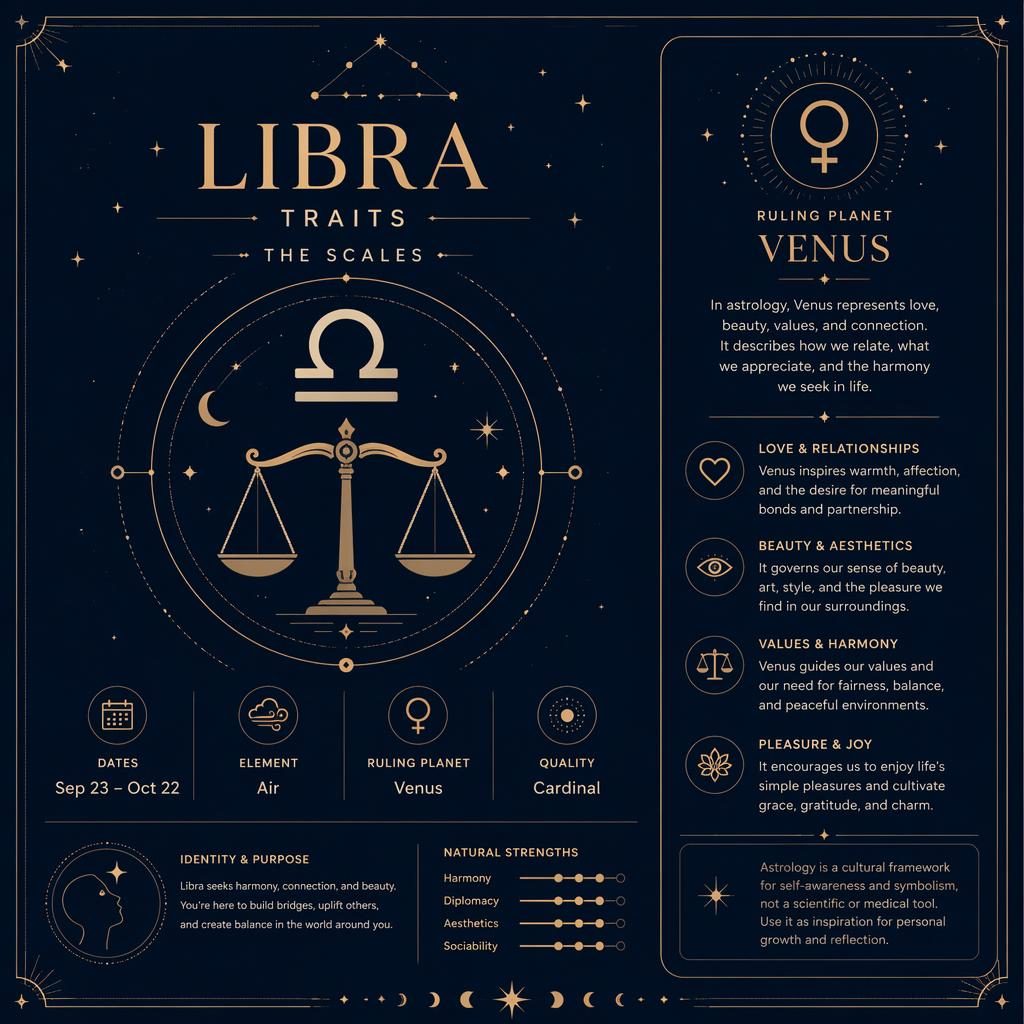Minimal Libra traits infographic with scales glyph, Sep 23–Oct 22, Air, Venus, traits, stars, constellation, and orbit lines.