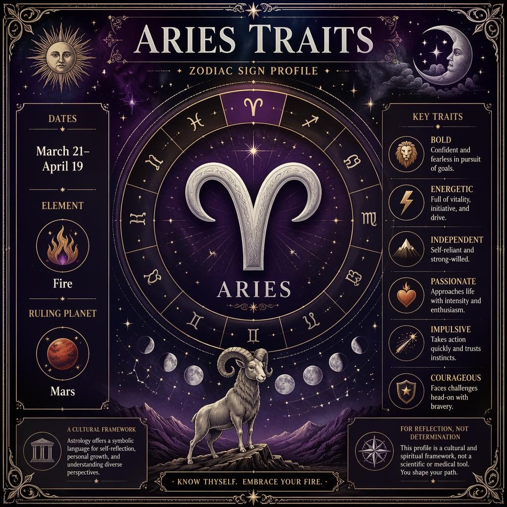 Vintage Aries traits infographic with Aries glyph, zodiac wheel, celestial rings, dates, Mars, Fire, and trait labels.