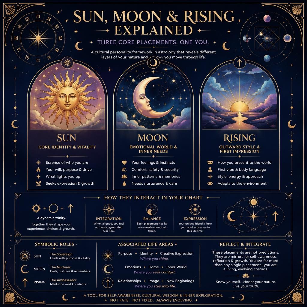 Elegant zodiac infographic with Sun, Moon, and Rising symbols, art deco gold borders, star charts, and pastel cosmic motifs.
