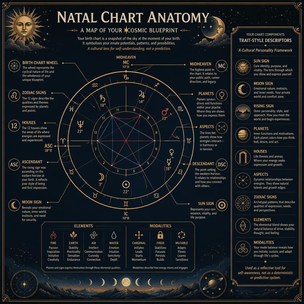 Vintage-style natal chart anatomy infographic with central zodiac wheel, English labels, side panel, and blue-gold celestial art