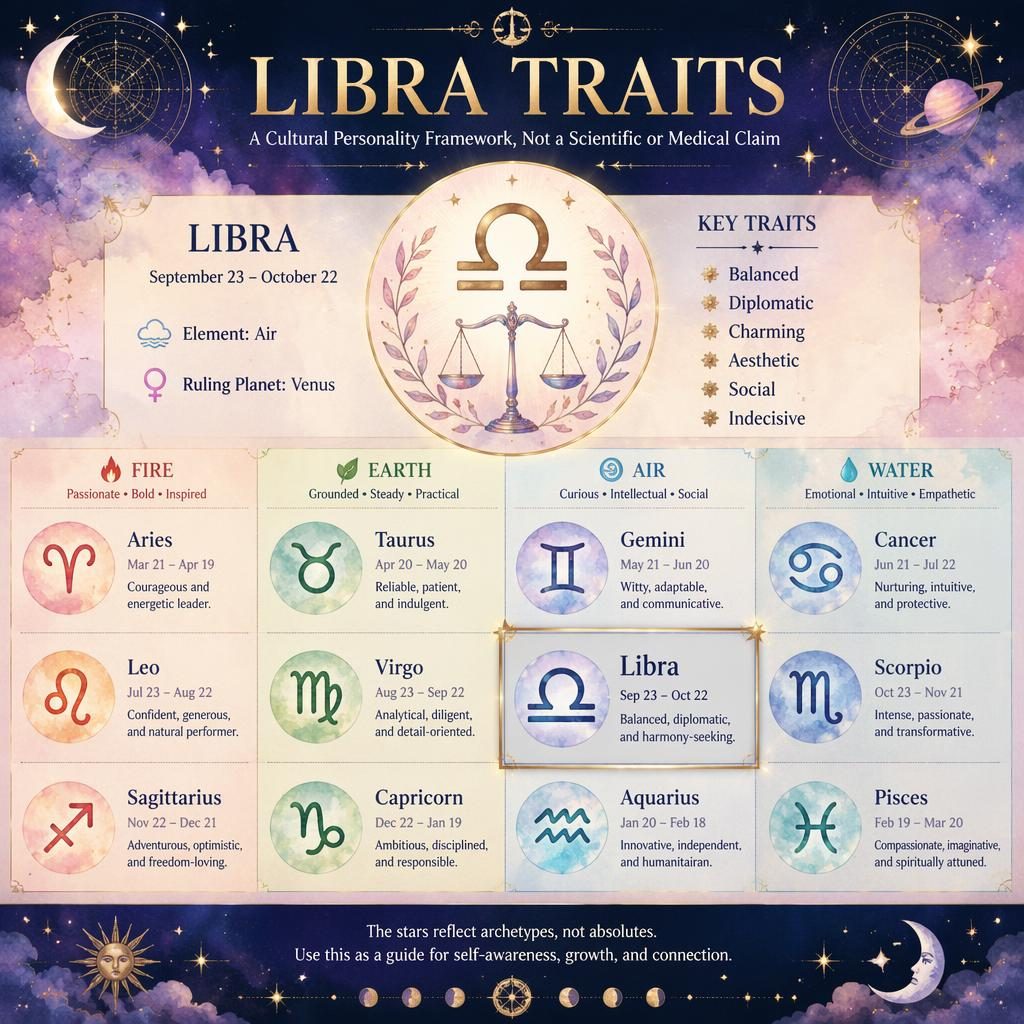 Mystical watercolor zodiac infographic showing a 12-sign grid by elements, with Libra highlighted in the Air group.