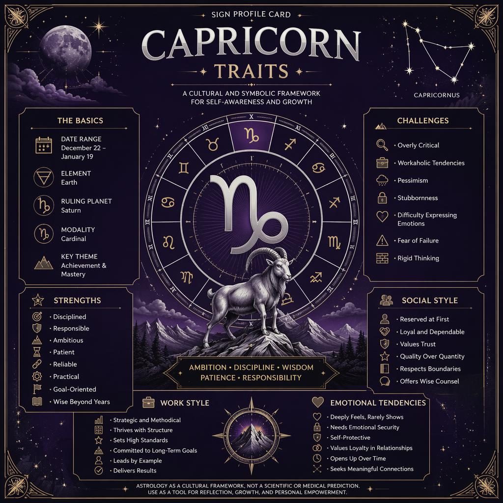 Carte profil du Capricorne en style astrologique vintage, glyphes centraux, anneaux célestes, icônes et sections en anglais.