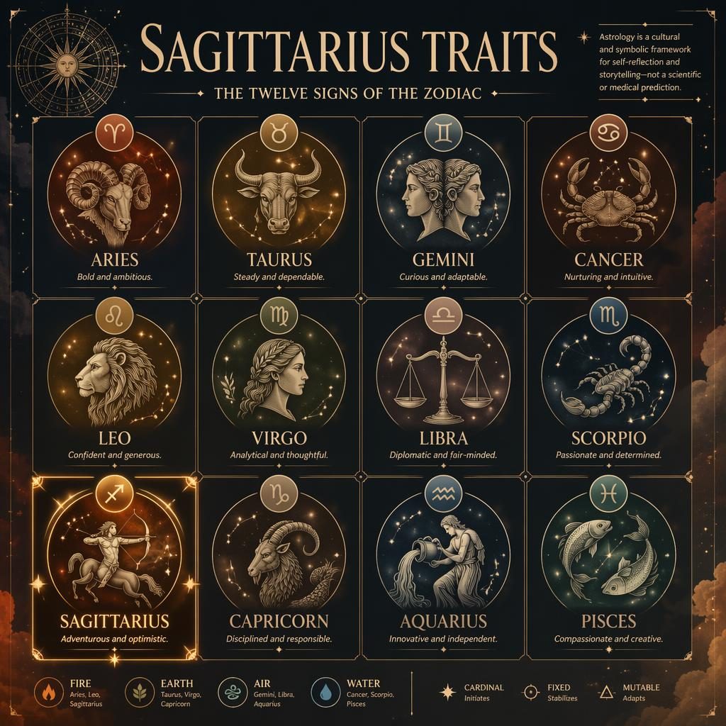 Editorial zodiac infographic grid with all 12 signs, Sagittarius highlighted, celestial glyphs, constellations, and warm earth tones.
