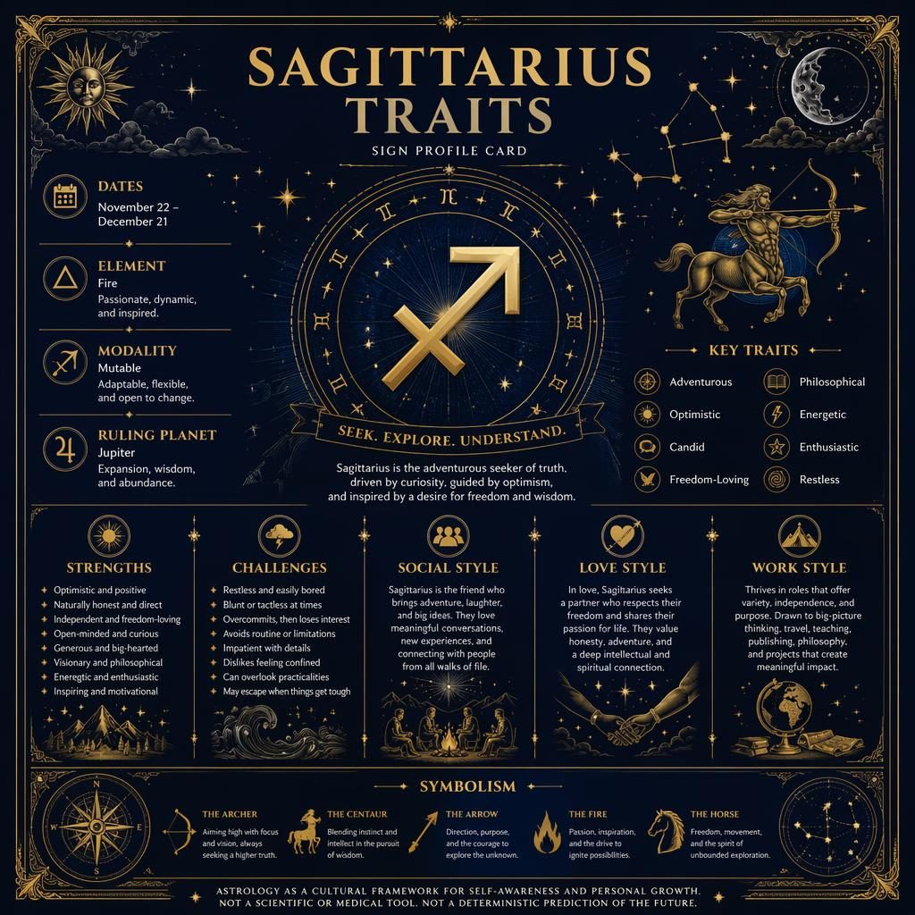 Infografía de Sagitario en azul oscuro y dorado con glifo central, rueda zodiacal, constelaciones y rasgos en inglés.