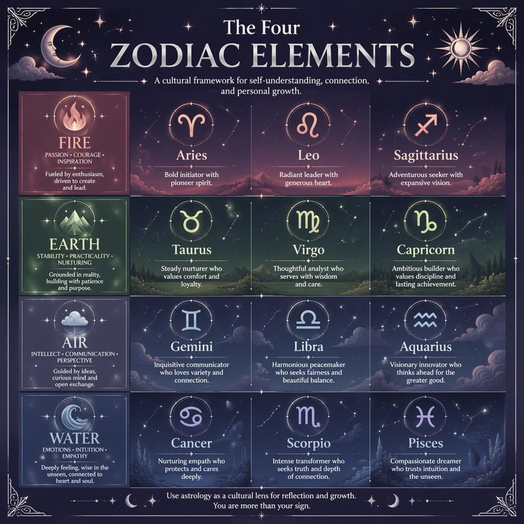 Mystical pastel zodiac infographic grouping 12 signs by Fire, Earth, Air, and Water with glyphs, stars, moons, and borders.