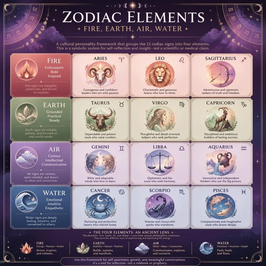 Pastel celestial zodiac infographic with 12-sign grid, four element sections, moon phases, stars, and ornate borders.