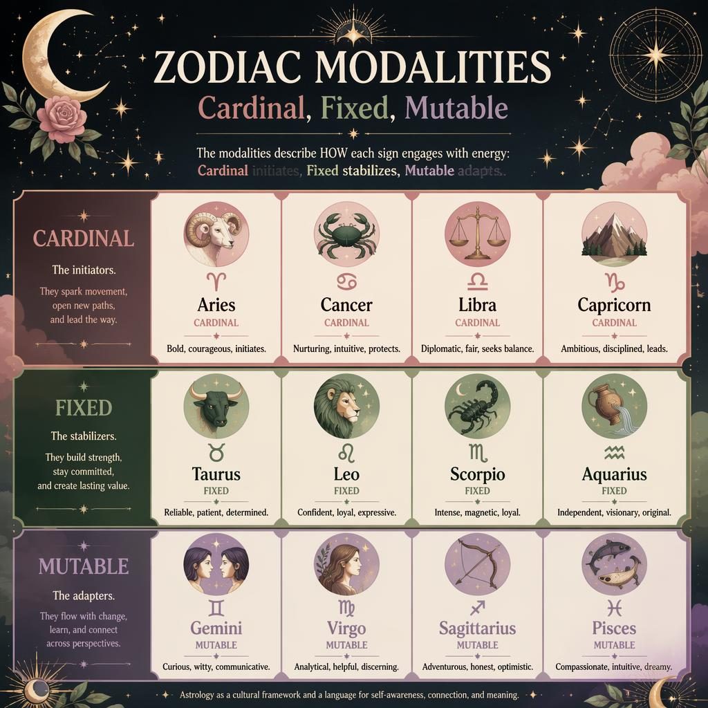 Zodiac modalities infographic showing 12 signs grouped into Cardinal, Fixed, and Mutable with glyphs and pastel celestial art.