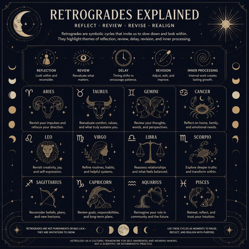 Editorial zodiac infographic with a 12-sign grid, celestial glyphs, lunar phases, orbit lines, and retrograde notes.
